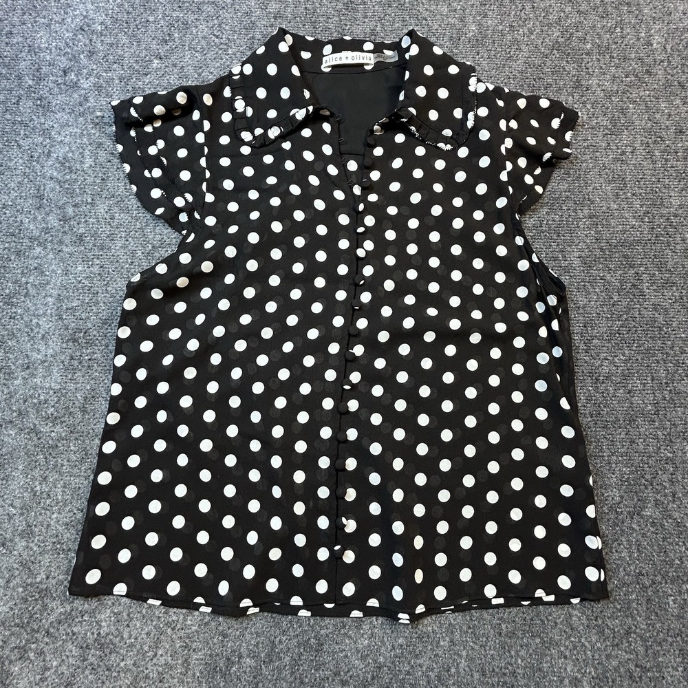 Alice + Olivia Silk Chiffon Polka Dot Blouse Black White Small Ruffle Flutter
